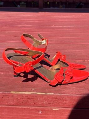 Vaneli Red Patent Strappy Kitten Heel Sandals